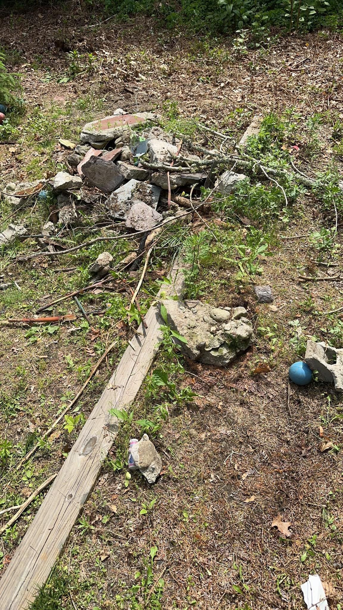 Debris pile of concrete, brick, and metal in grassy area. Rope and blue ball nearby.