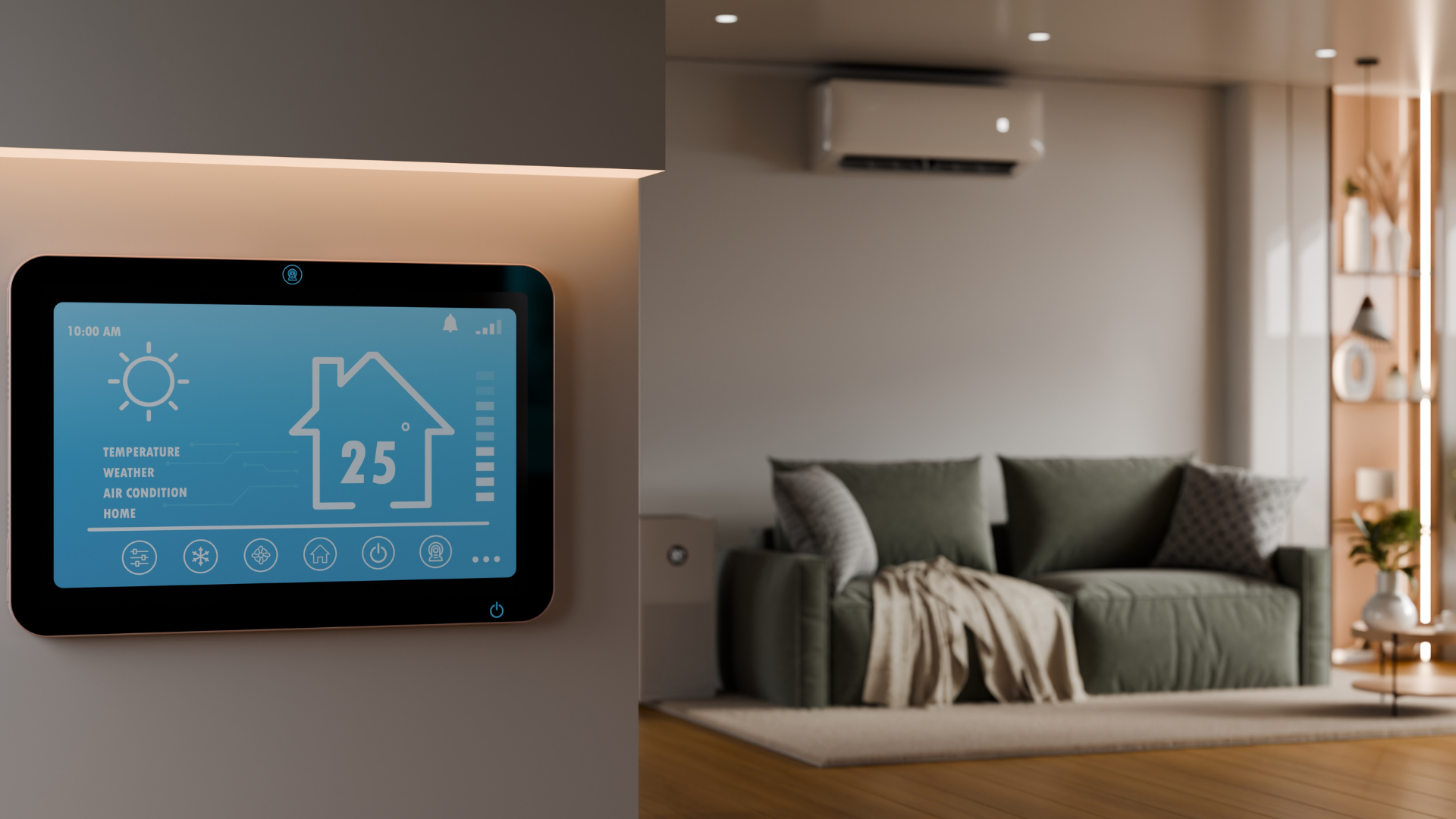 Smart home control panel displaying thermostat and living room with sofa and air conditioning unit.