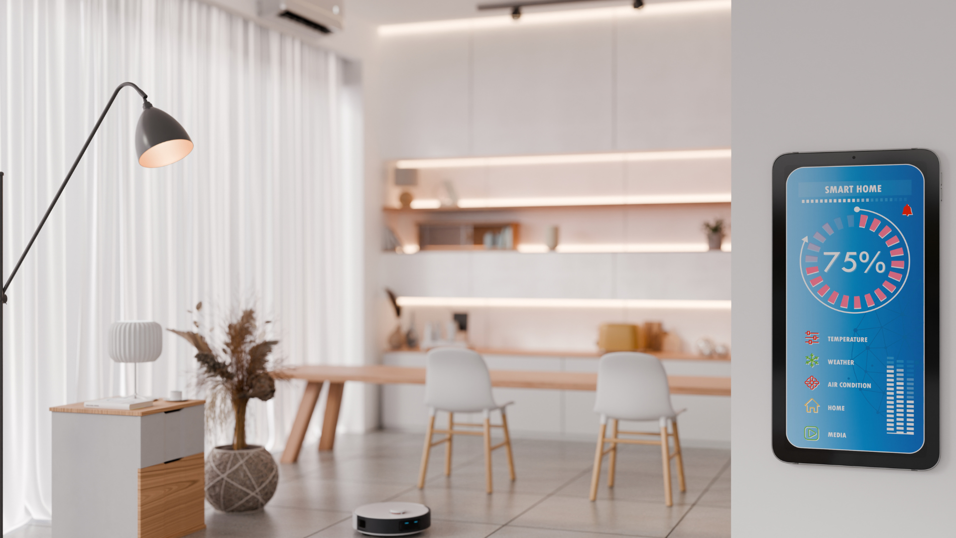 Robot vacuum cleaning living room, controlled by tablet displaying battery level and cleaning status.