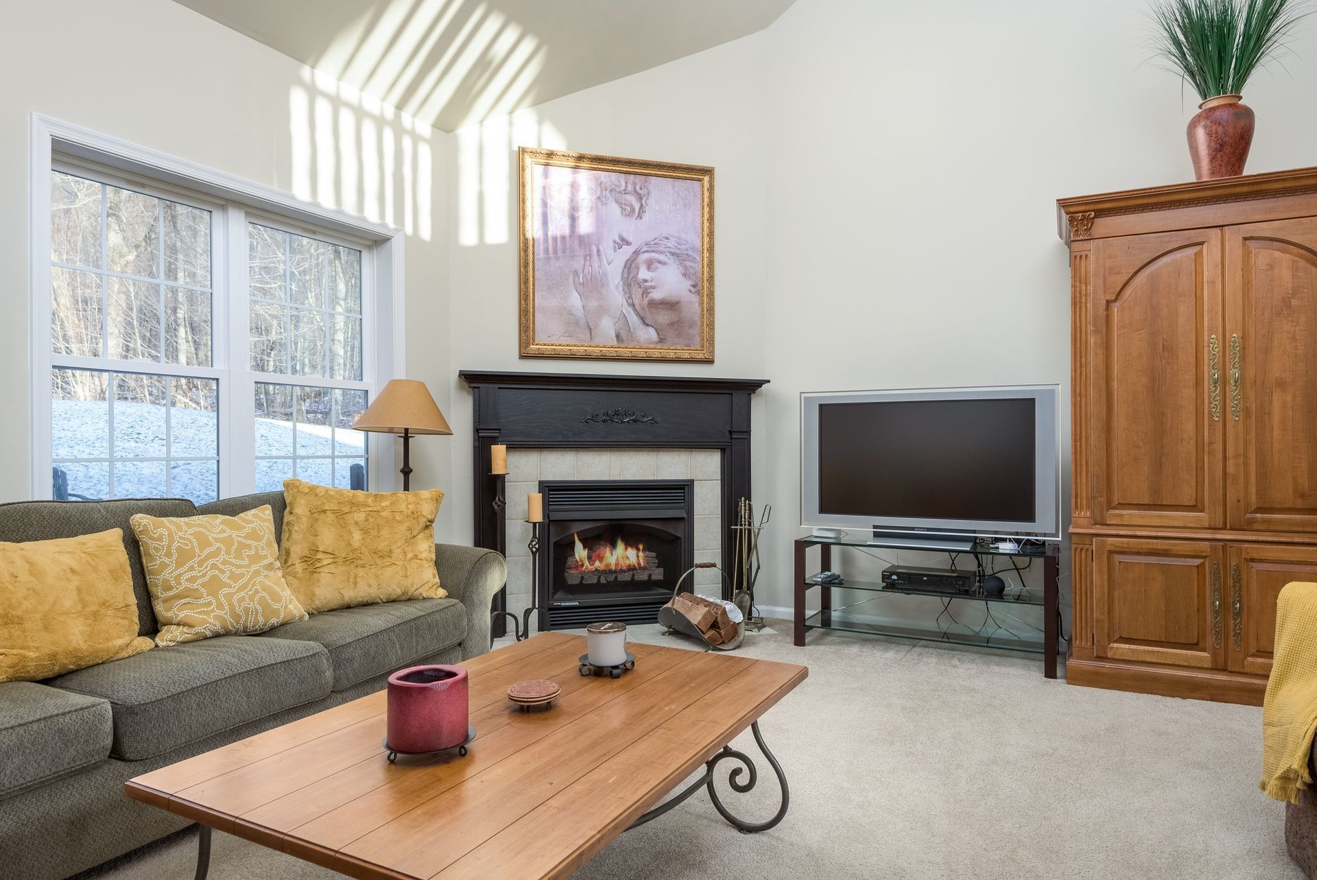 A living room with a couch a fireplace and a flat screen tv