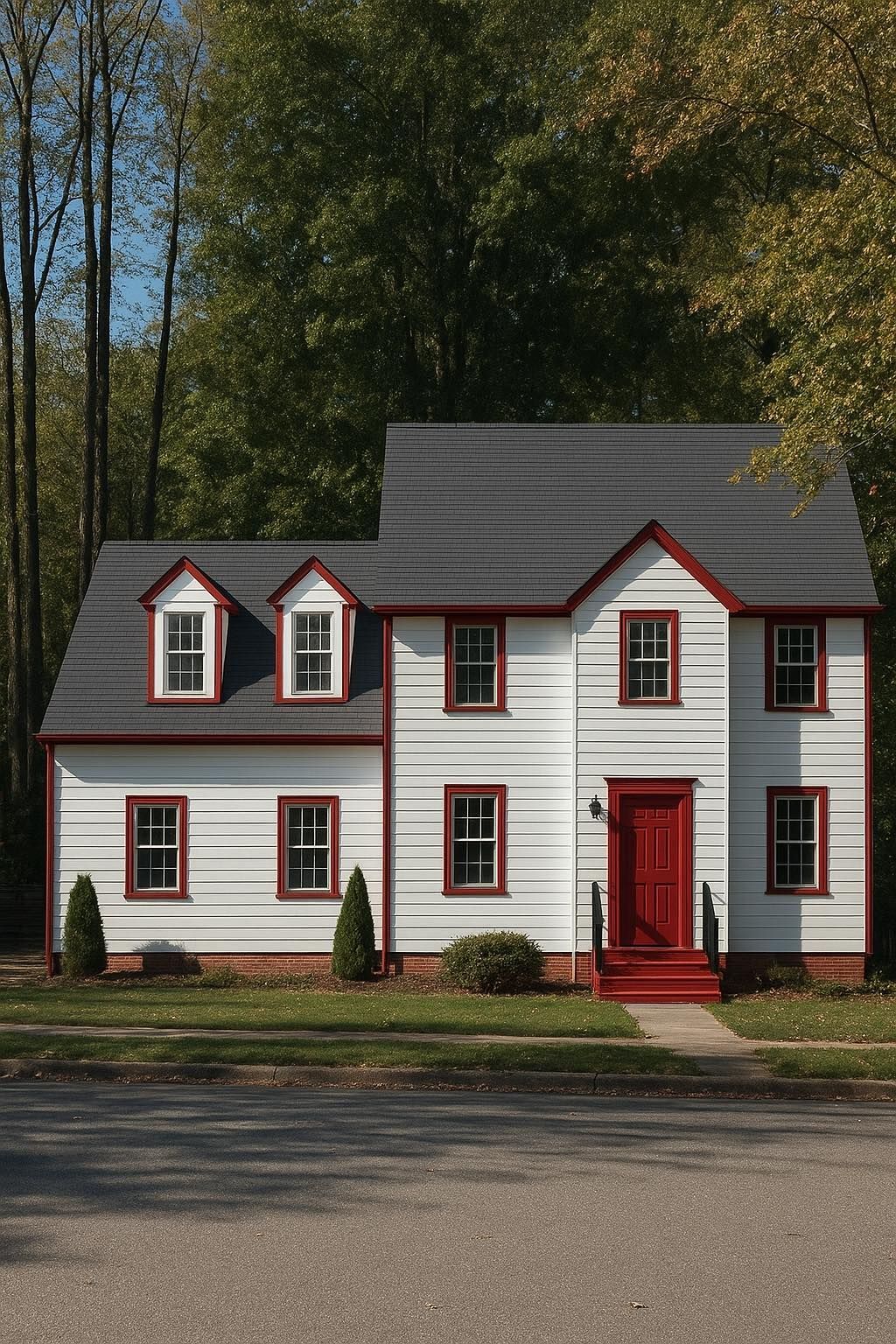 White two-story house with red trim, door, and windows. Gray roof, three dormers, and trees in background.