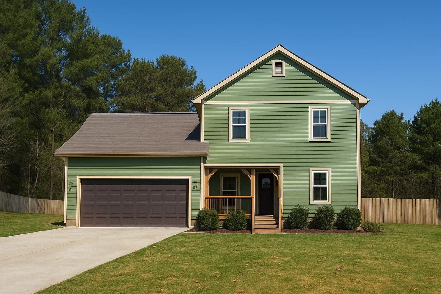 Green two-story house with a brown roof and garage door, set on a green lawn with a clear blue sky.