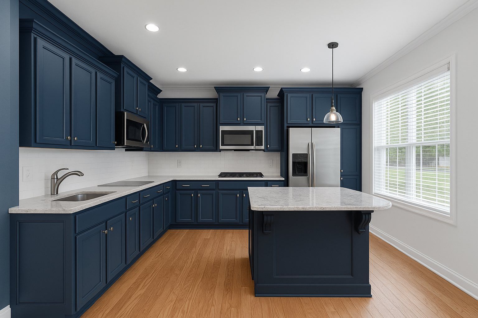 Blue kitchen with island, white countertops, stainless steel appliances, and wood flooring.
