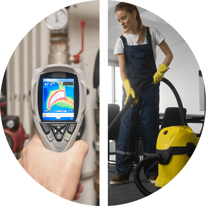 A man is holding a thermometer and a woman is cleaning with a vacuum cleaner