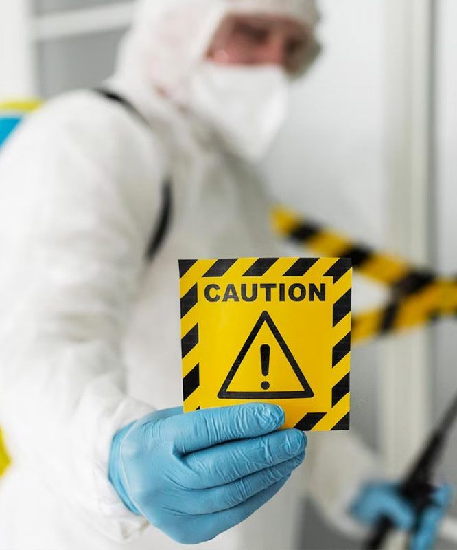 A man in a protective suit is holding a caution sign