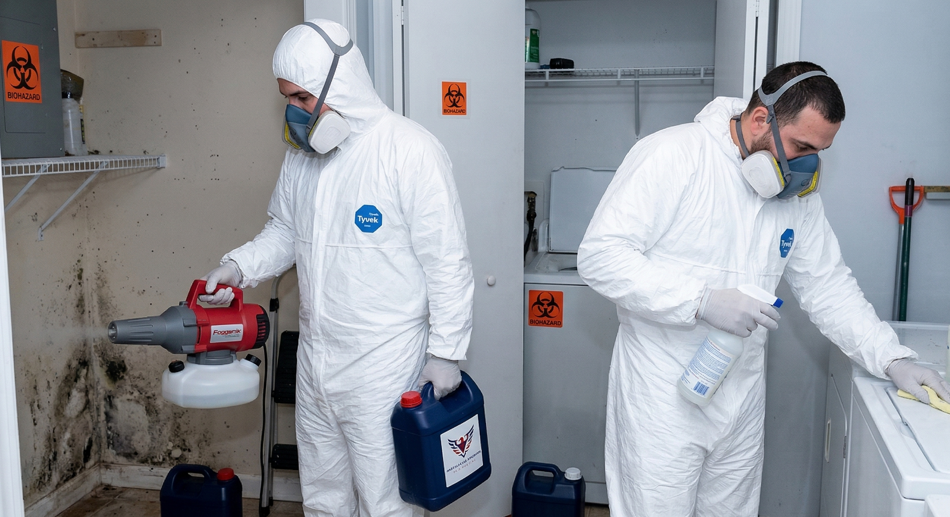Two blue fans are sitting on the floor in a room.