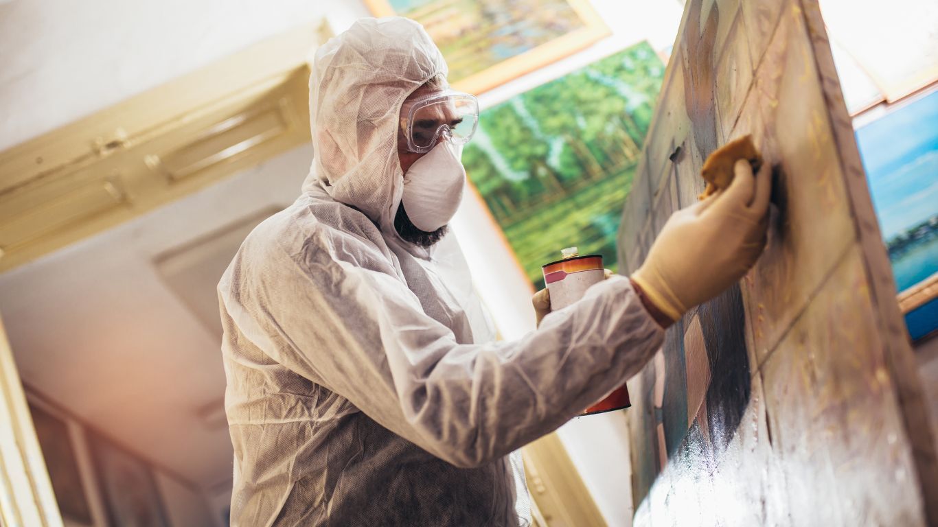 A man in a protective suit is cleaning a painting with a sponge.