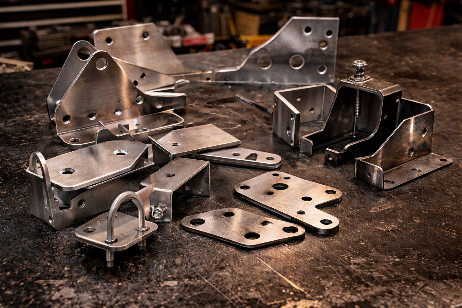 A collection of various custom-cut, unpainted steel automotive fabrication brackets and plates on a workshop workbench.