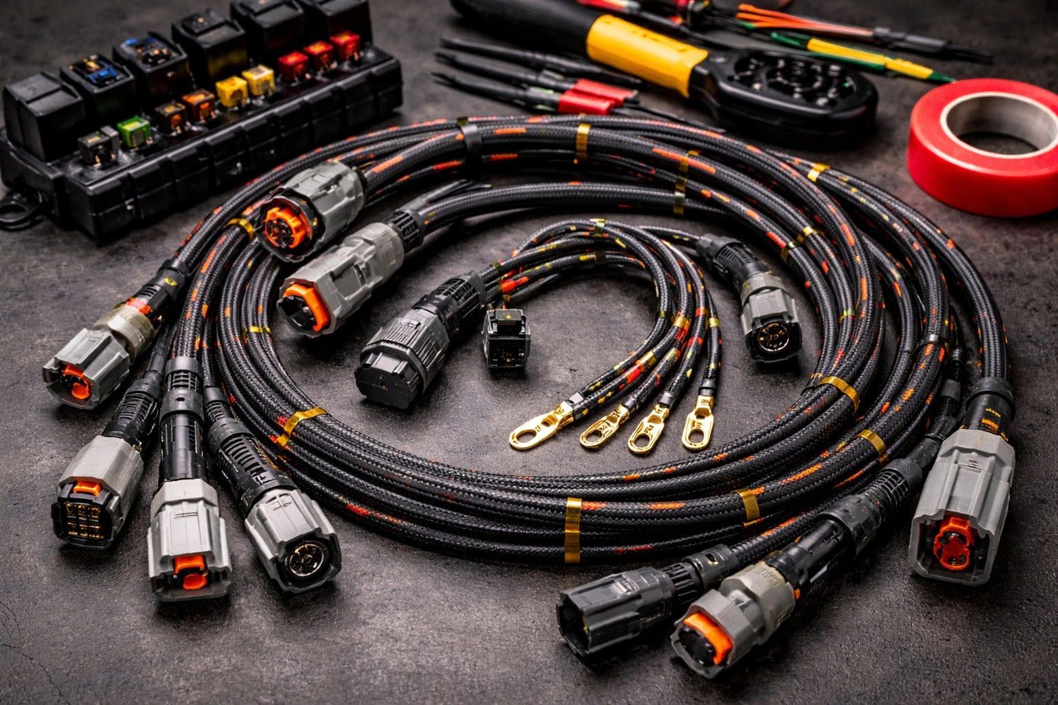 A black Fastline wiring harness coiled in a circle, featuring a fuse block with relays and various terminal connectors.