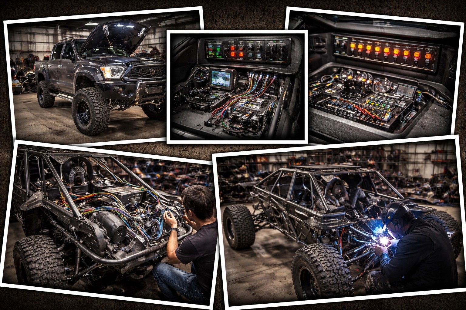 A collage showing a customized truck and a tube-chassis off-road vehicle being built in a fabrication shop.
