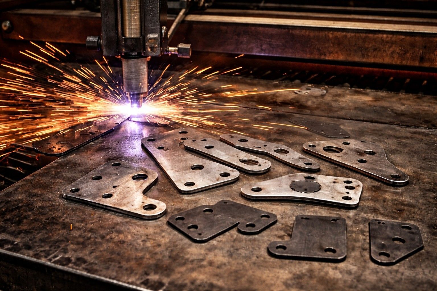 A machine cuts metal plates on a workbench, creating bright sparks, with several finished steel parts lying nearby.