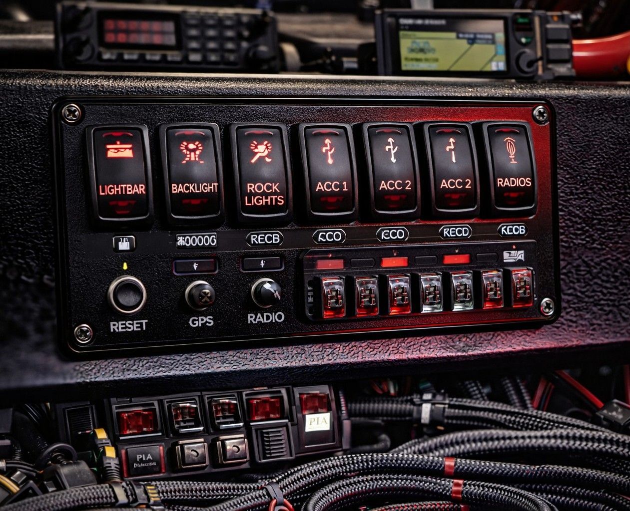 A vehicle switch panel with illuminated red labels, buttons, and toggle switches, mounted above a cluster of wiring looms.