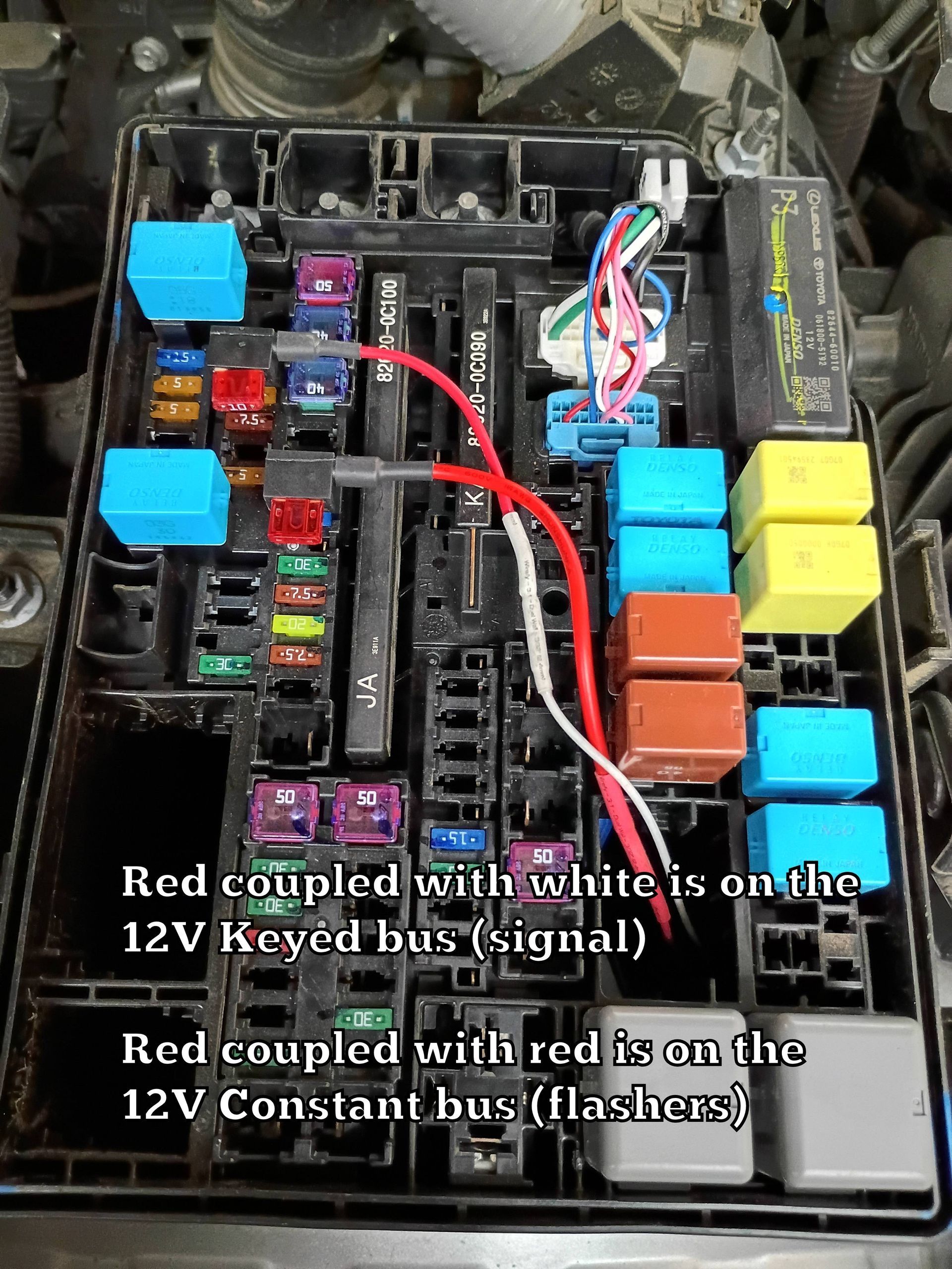 Car fuse box with blue, yellow, and orange relays, marked with red wires and white connectors.