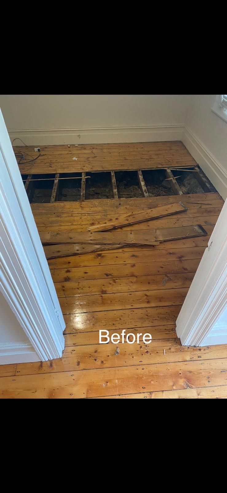A before picture of a wooden floor in a room.