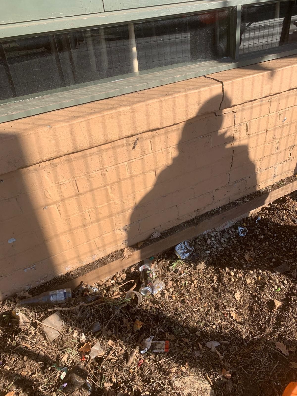 A shadow of a person is cast on a brick wall.