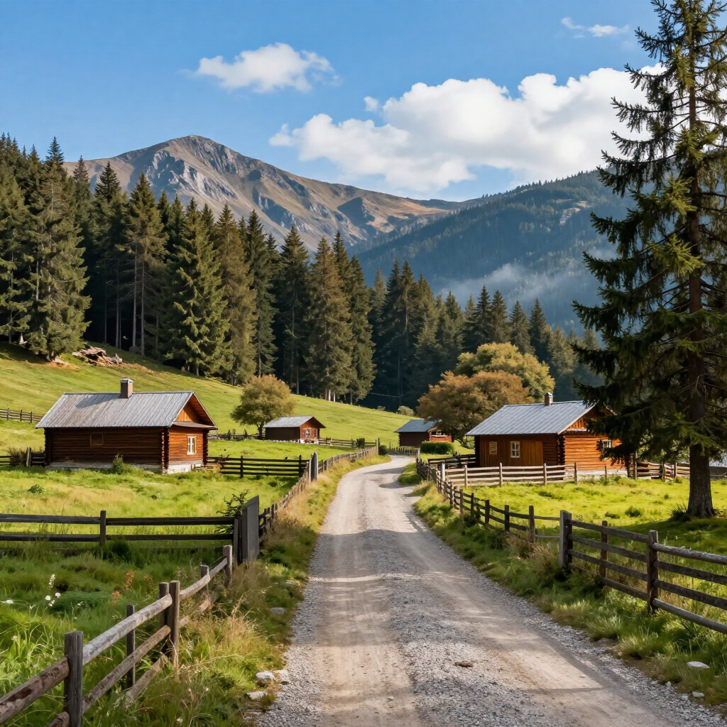 Gravel path through alpine cabins and pine trees with mountains under a blue, cloudy sky