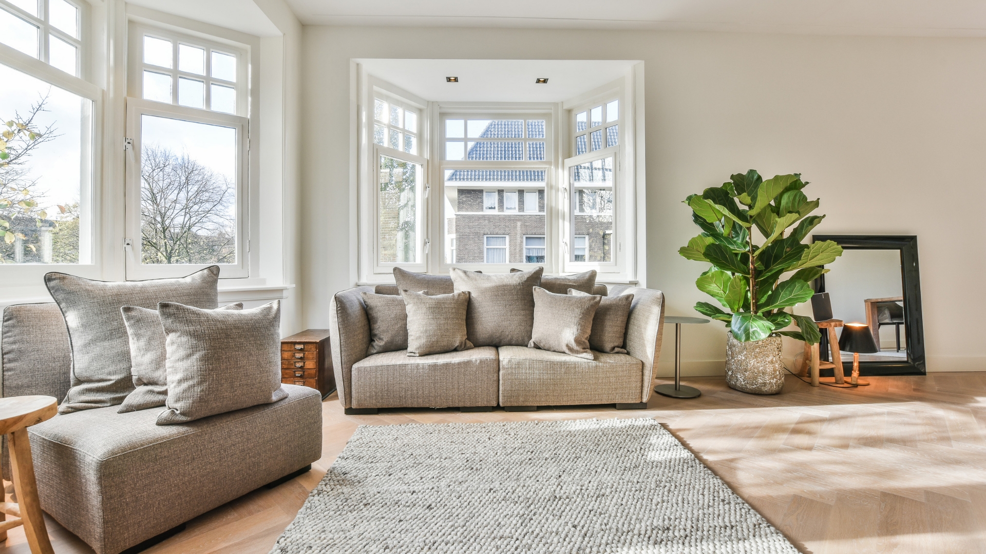 Bright living room with beige sofas, large windows, a gray rug, and a potted plant by the wall.