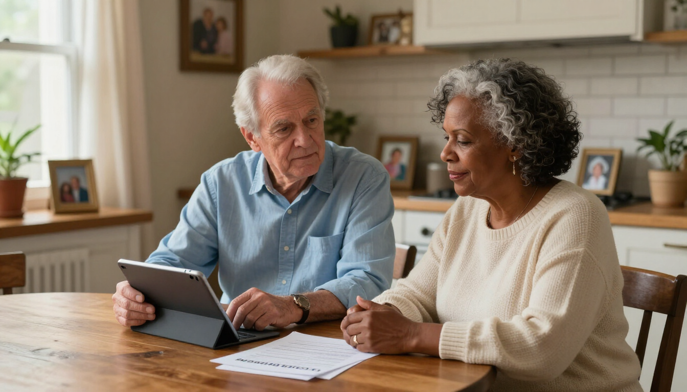 Two people reviewing papers at a kitchen table with a tablet and laptop, in a bright home interior.