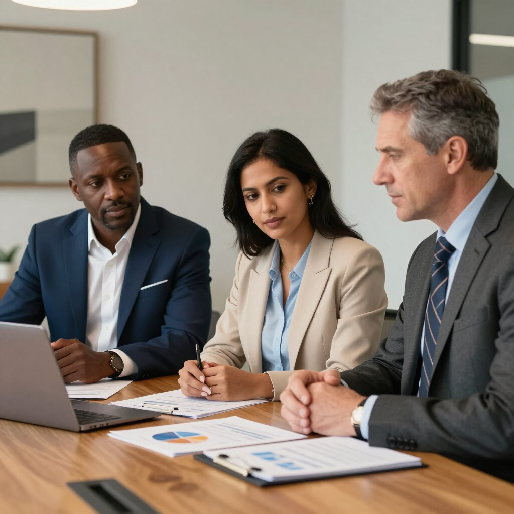 Three colleagues in a meeting reviewing documents at a conference table with a laptop.