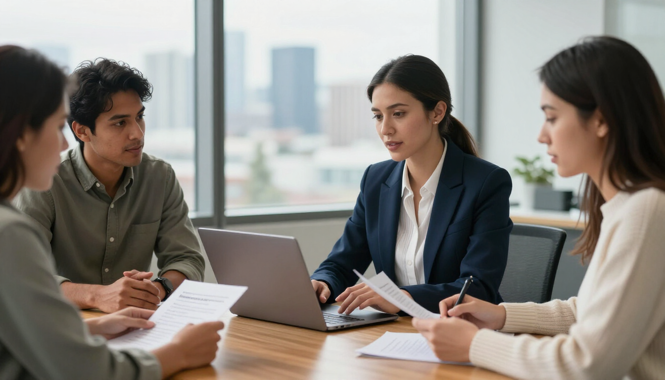 Four colleagues in a meeting around a laptop and papers in a bright office with city view.