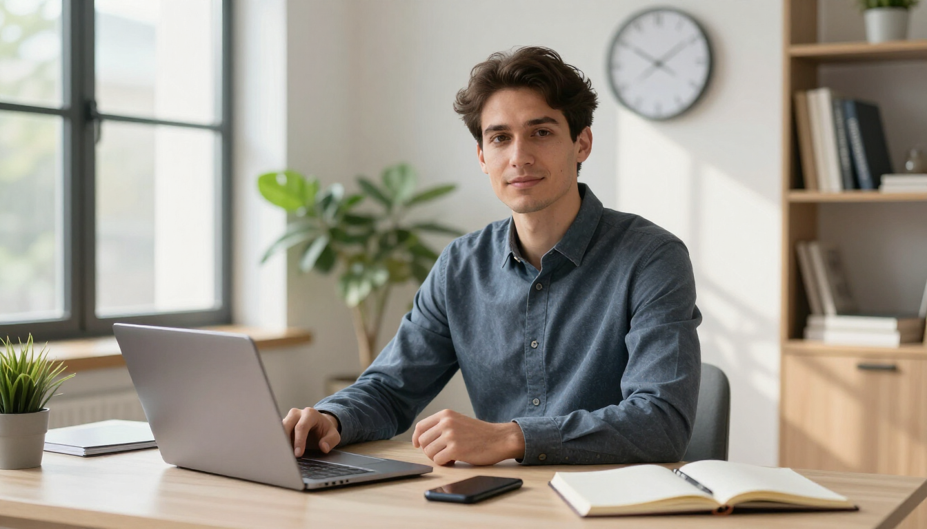 Person sitting at a desk with a laptop in a bright home office, notebook and phone nearby, clock on wall