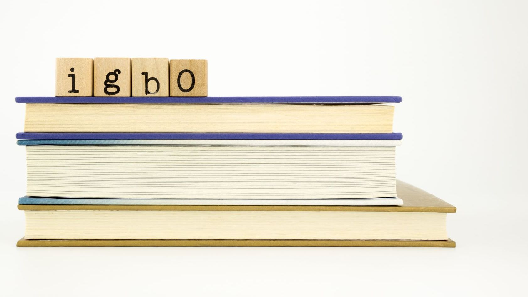 A stack of books with the word i g b o written on wooden blocks.