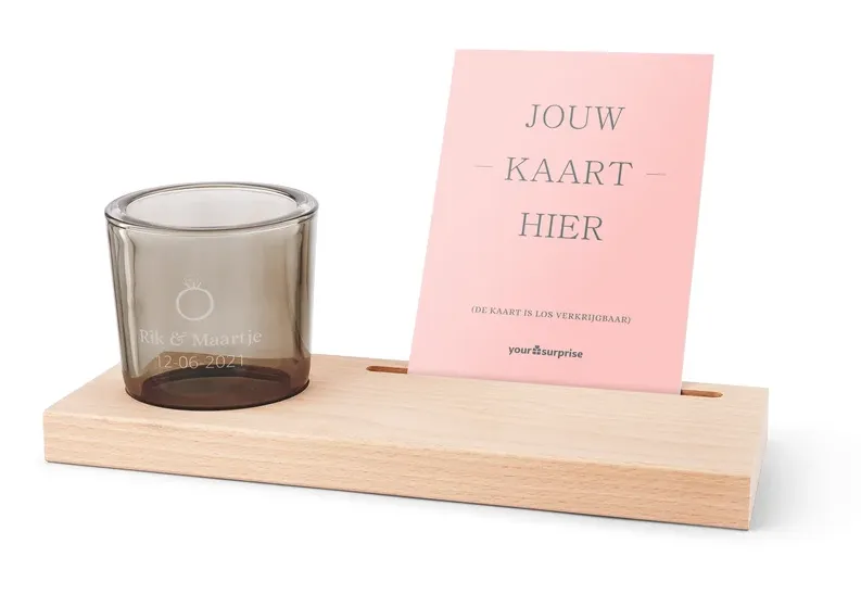 Gegraveerd glazen theelicht met houten kaarthouder - Cadeau voor opa en oma