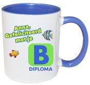 Zwemdiploma mok met naam B diploma blauw