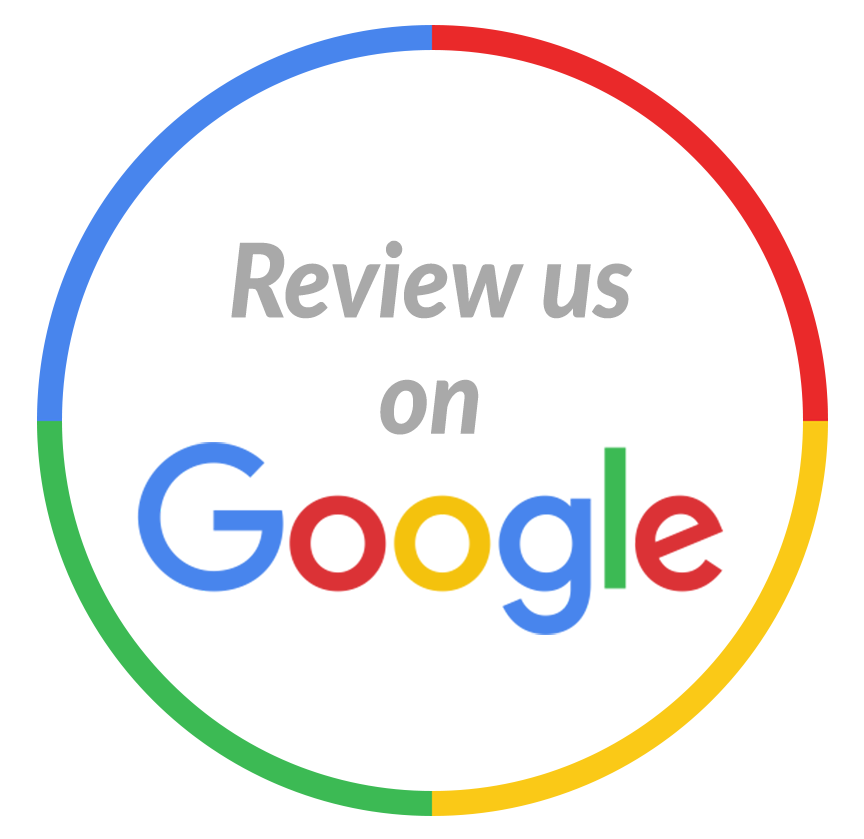 A circle with the words `` review us on google '' written inside of it.