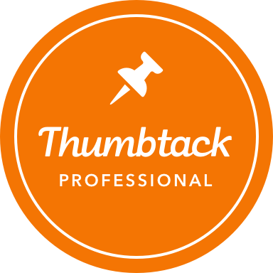 An orange thumbstuck professional logo with a pin on it