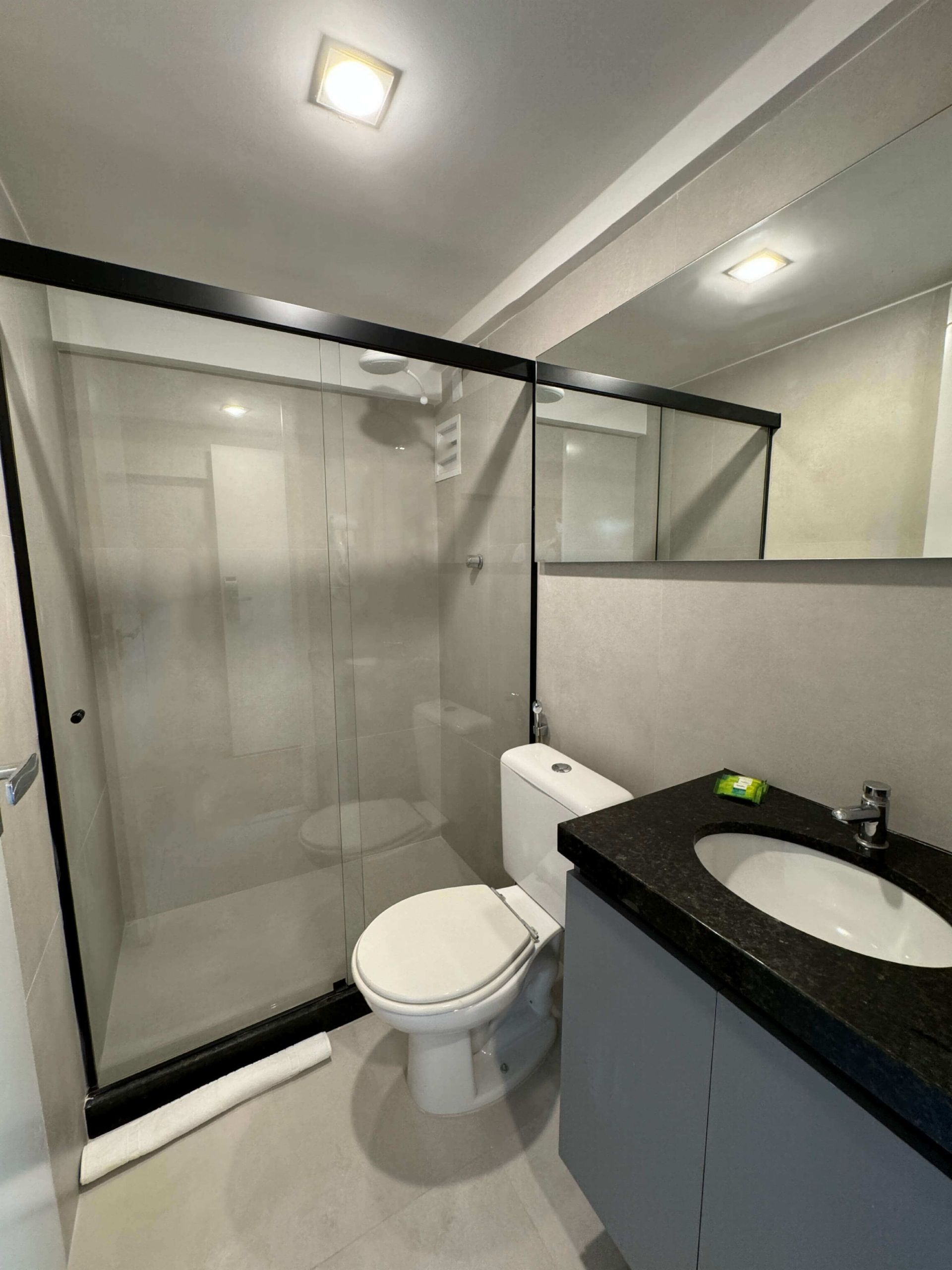 Um banheiro com vaso sanitário, pia e chuveiro.