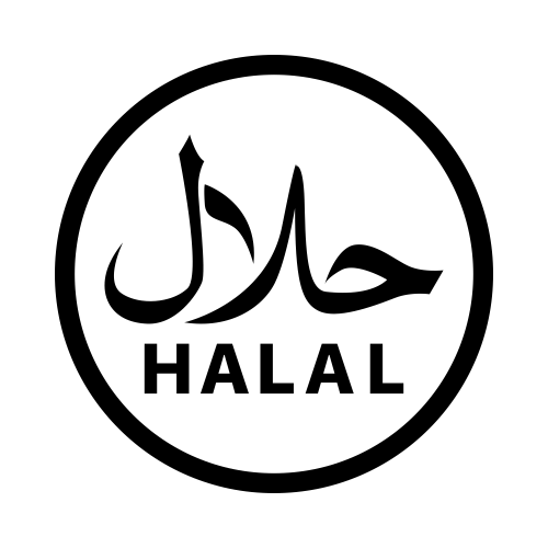 A black and white halal logo in a circle on a white background.