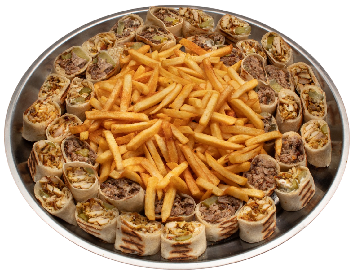 Arabi Pick Platter A plate of food with french fries on top of it on a white background.