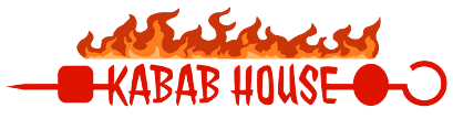 A logo for a restaurant called kabab house with flames and a kebab on a stick.