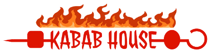 A logo for a restaurant called kabab house with flames on a skewer.