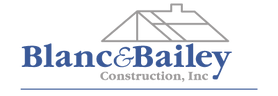 A blue and white logo for blanc & bailey construction inc.