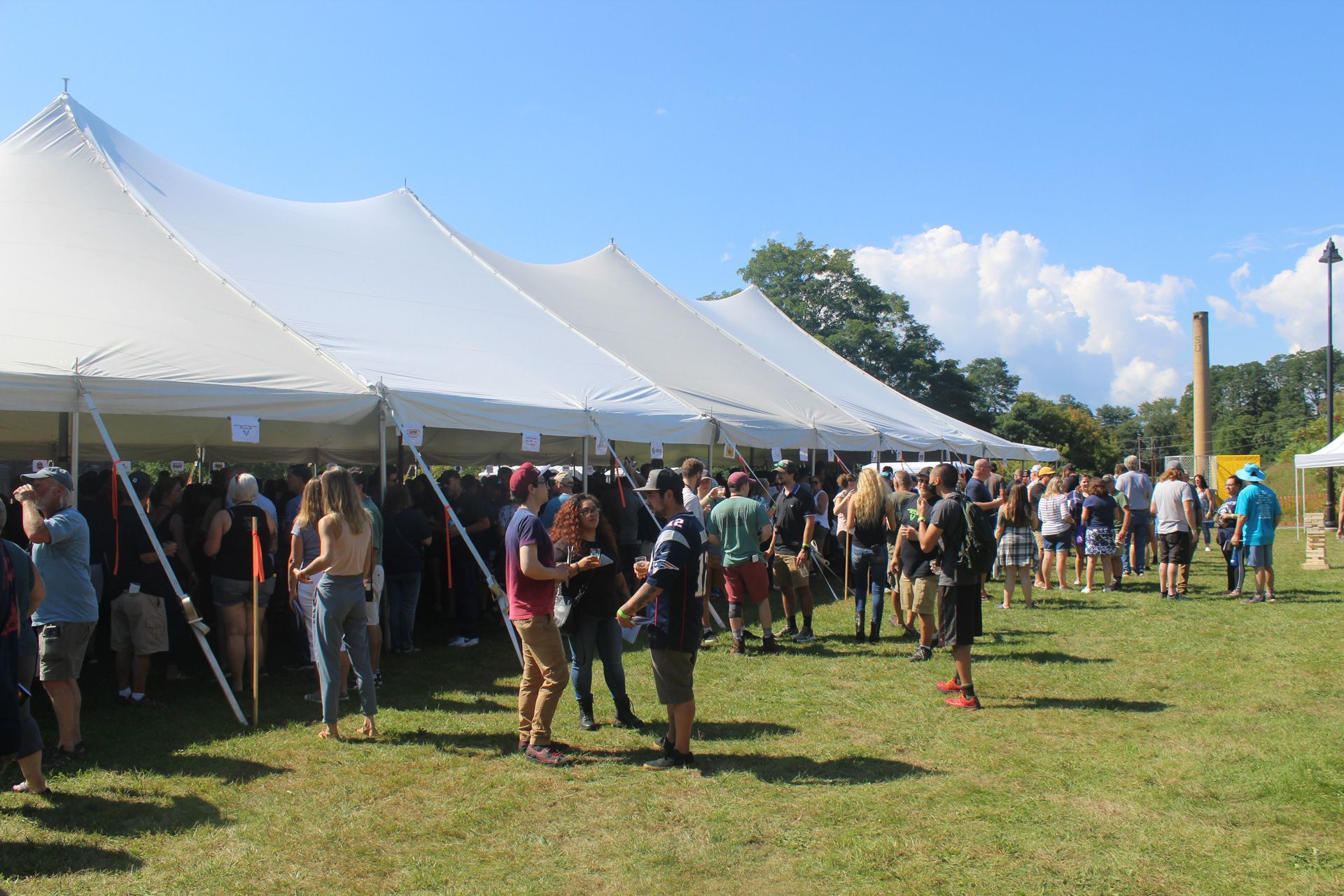 A large group of people are standing under tents in a field.