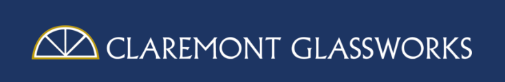 A logo for claremont glassworks on a blue background
