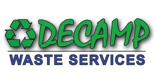 A logo for decamp waste services with a recycle symbol