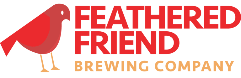 The logo for feathered friend brewing company has a red bird on it.