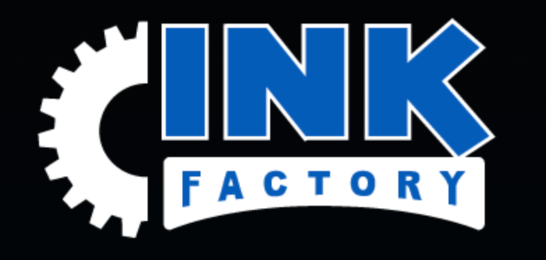 A blue and white ink factory logo on a black background