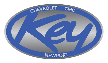 A blue and silver key newport logo on a white background
