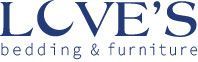 The logo for love 's bedding and furniture is blue and white.