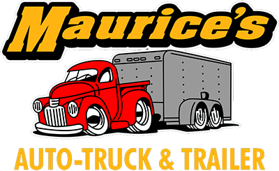 The logo for maurice 's auto truck and trailer shows a red truck and a trailer.