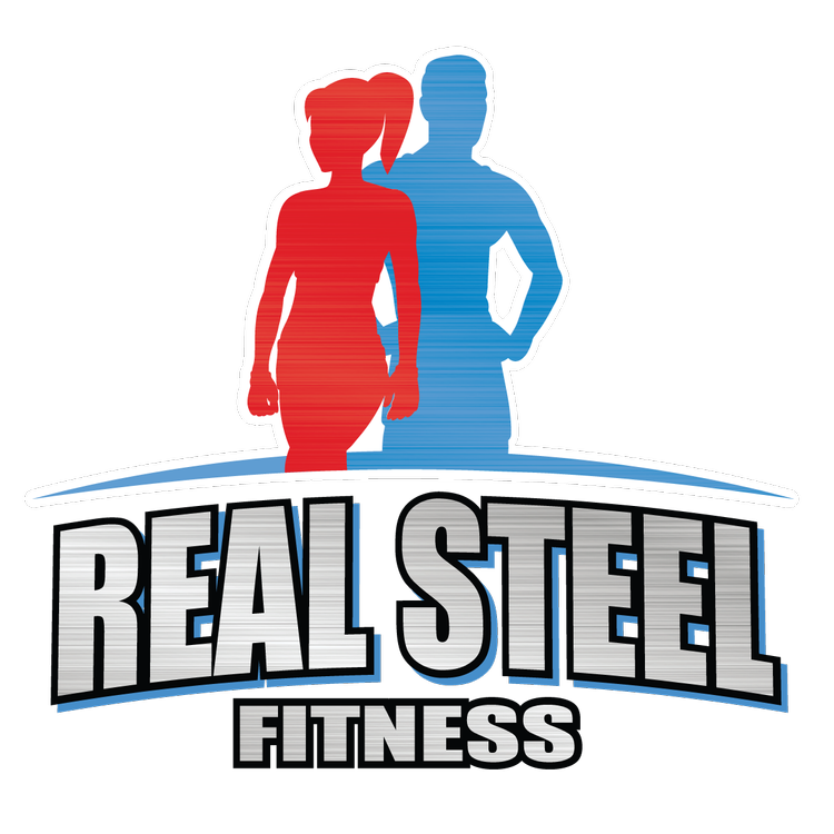The logo for real steel fitness shows a man and a woman