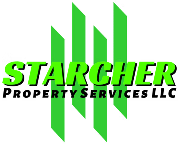 Logo for Starcher Property Services LLC: Green text on a white background with green vertical bars angled to the right.