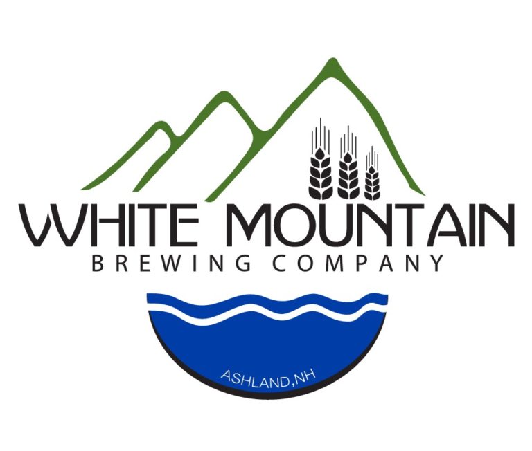 The logo for white mountain brewing company shows a mountain and a river.