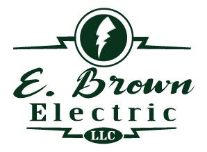 A logo for e. brown electric llc with a lightning bolt in a circle.