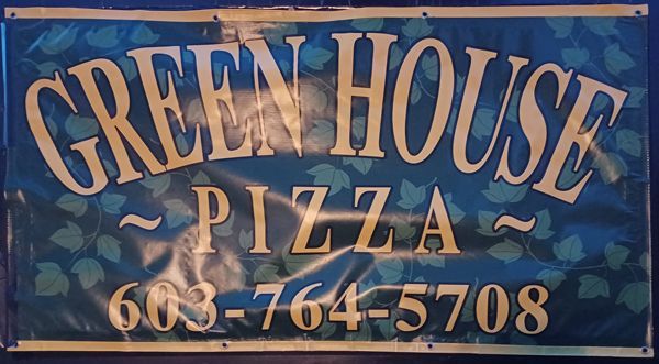 Banner for Green House Pizza with phone number; dark teal background, white text.
