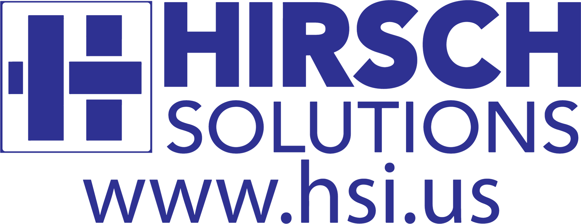 Logo for Hirsch Solutions: Blue and white square graphic with text 